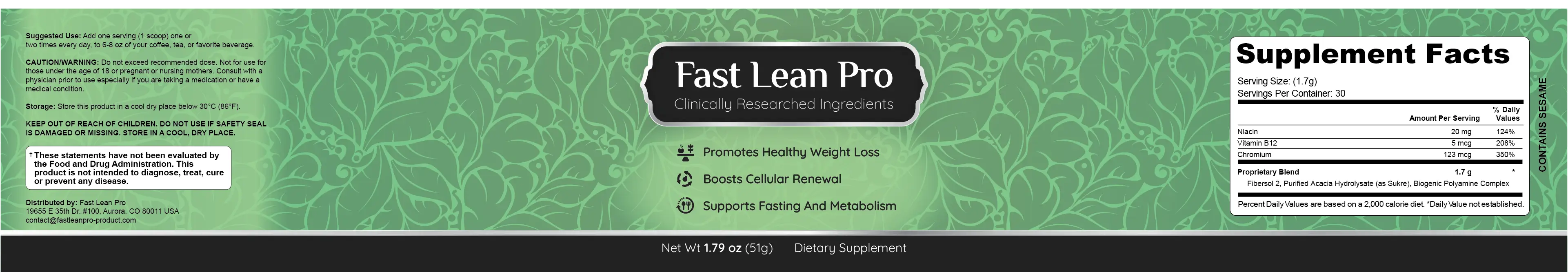 Fast Lean Pro Supplement Facts